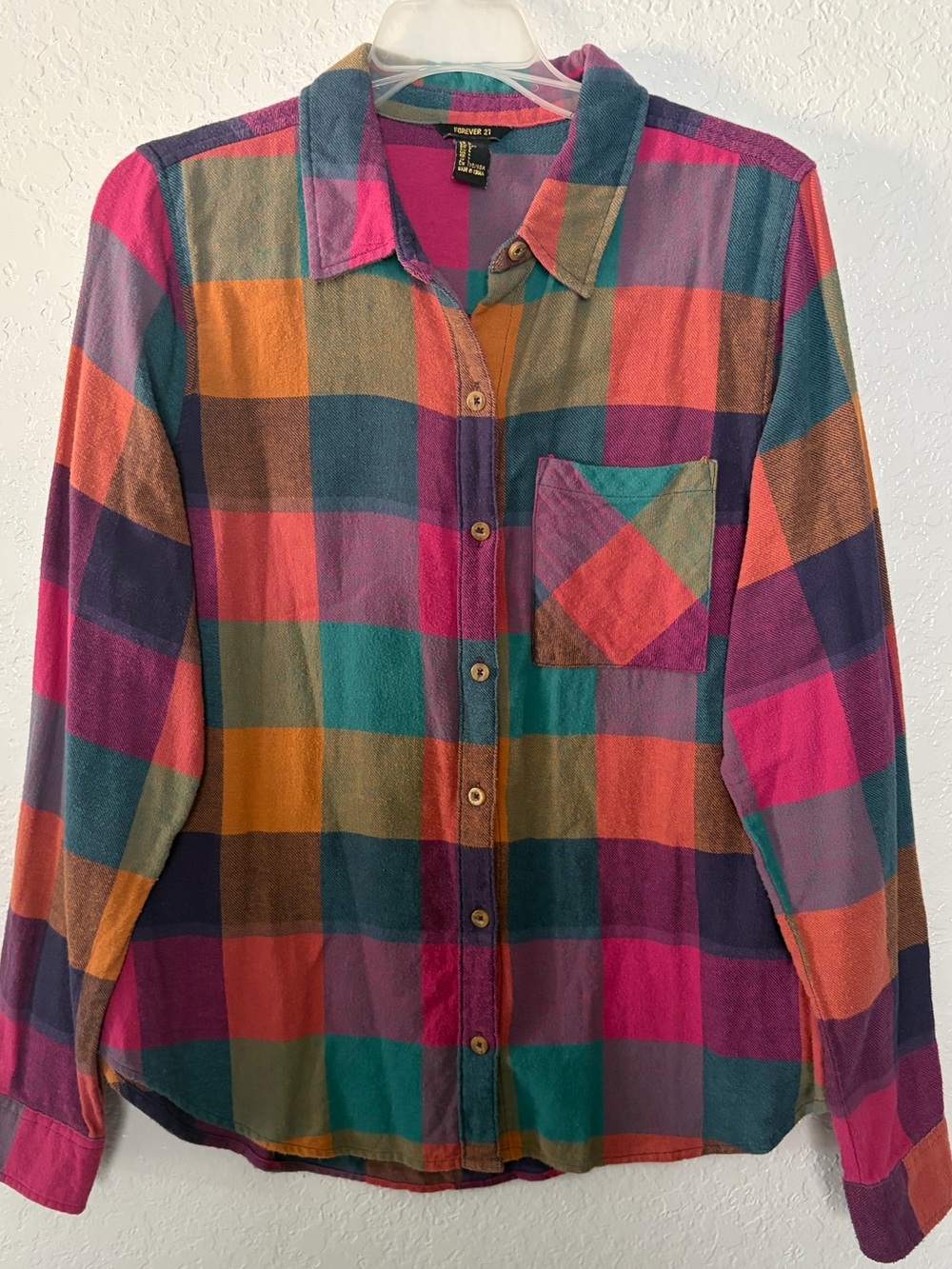 Forever 21 Bright Multicolor Plaid Button-Down Flannel Shirt Women’s US Size L